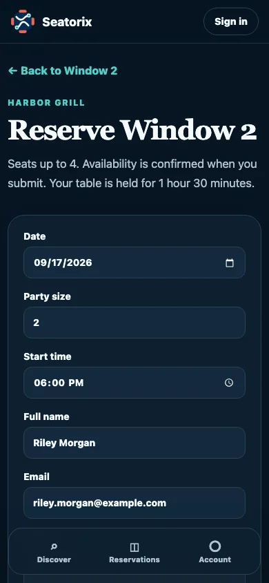 Mobile website reservation form for Window 2, showing date, party size, and start time before submission.