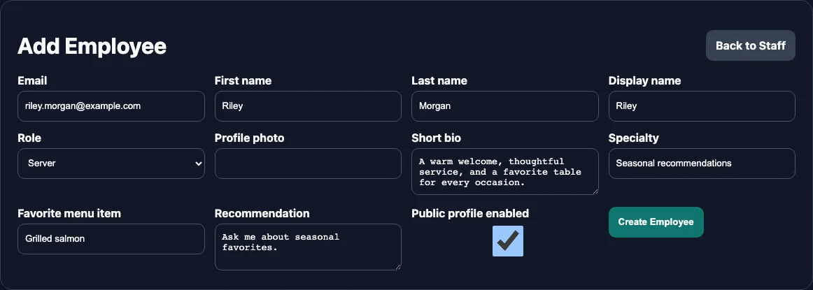 Add Employee form with an unsaved fictional Server profile, bio, specialty, and public profile setting.