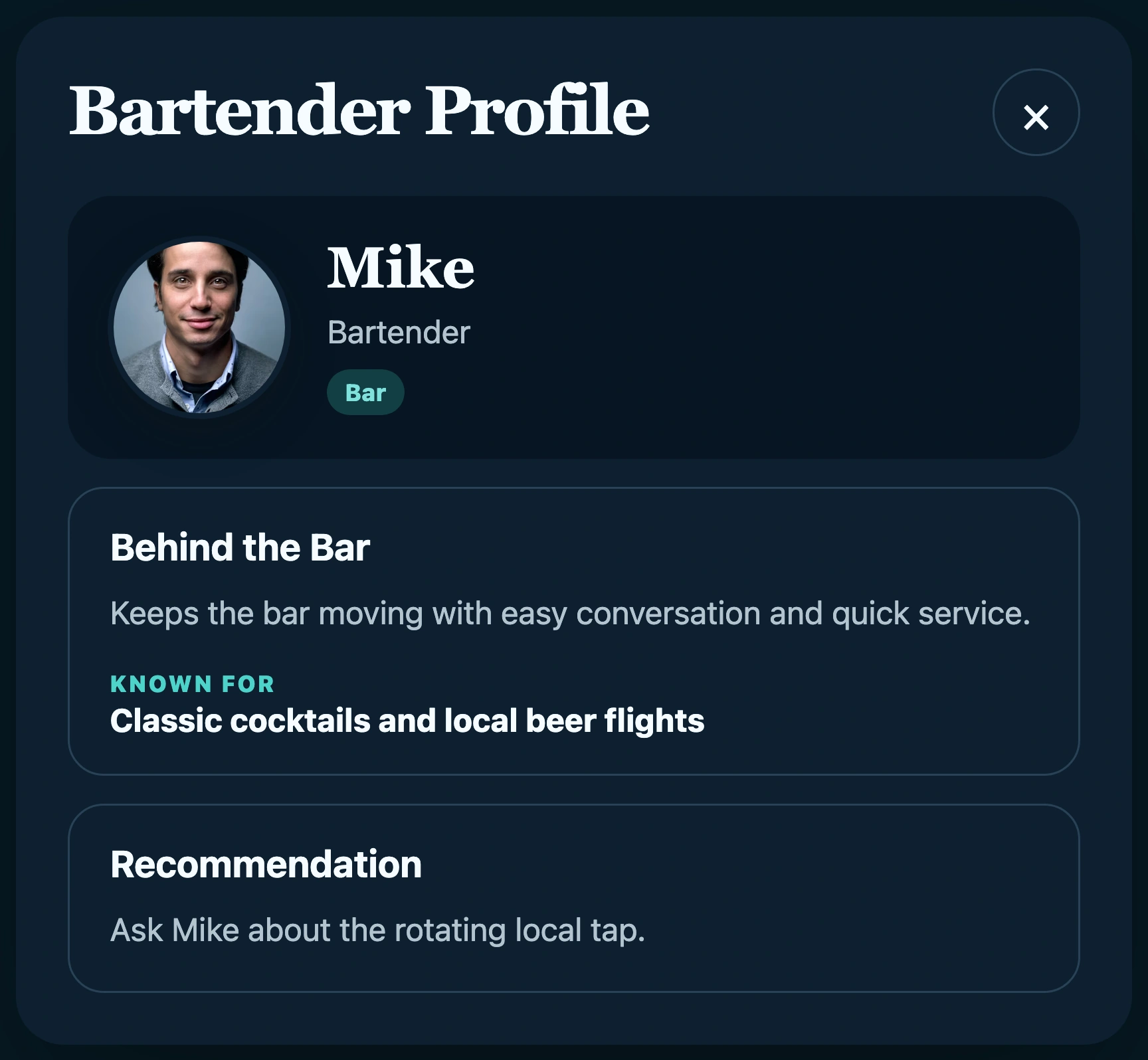 Mike’s guest-facing Bartender Profile, with his portrait, classic cocktails and local beer flights specialty, and recommendation to ask about the rotating local tap.