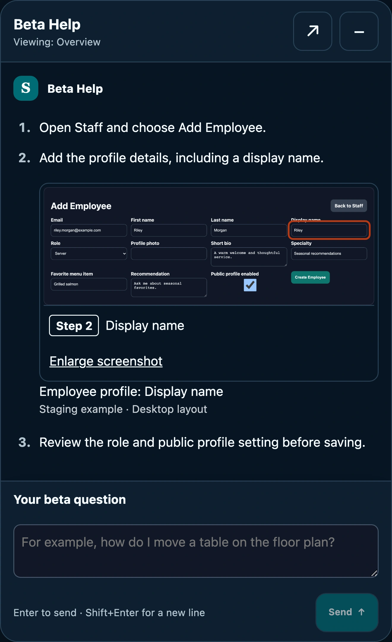 Prepared Beta Help walkthrough with a sharp staging form illustration, a highlighted Display name field, and three complete steps.