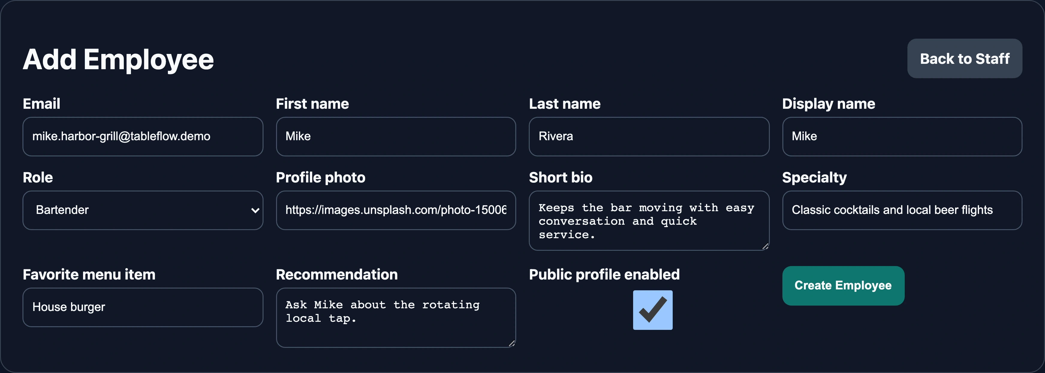 Unsaved Add Employee form using Harbor Grill bartender Mike Rivera’s profile details, photo, bio, specialty, recommendation, and public profile setting.